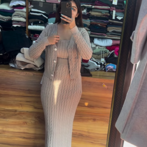 Knitted 3-Piece Co-ord Set 🧶🤍 With Cardigan, Crop Top & Long Skirt – Beige Variant