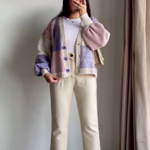 Color-Block Pastel Cardigans 🧥🎨 – Soft Knit Layers in Pink-Blue, Purple-Beige & Orange-Mustard Variants