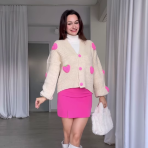 Strawberry-Patch Knit Cardigan ๐๐งฅ with Pink Buttons โ Styled with Turtleneck, Mini Skirt & Boots