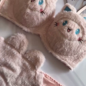 Furry Cat-Face Lingerie Set 🐱💖 – Plush Bra & Panty Combo with Embroidered Details