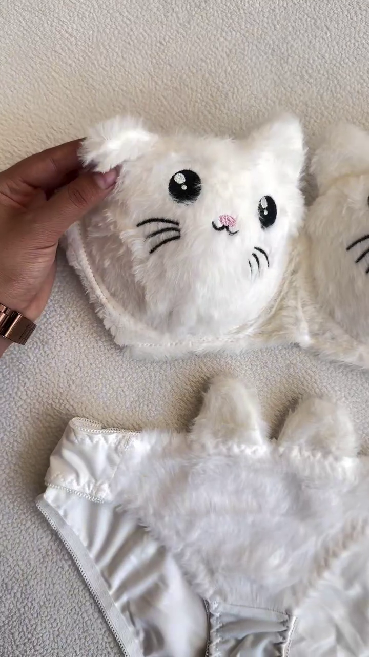 Furry Cat-Face Bras 🐱💗 – Plush Lingerie Tops in Pink, White & Red Variants with Embroidered Details - Image 2