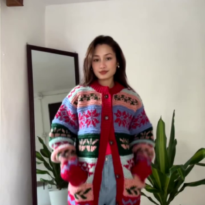 Multicolor Patterned Knit Cardigan π§₯π β Styled Over Red Top & Light Blue Jeans