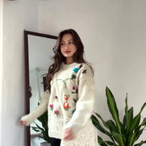 Whimsical Nature-Embroidered Knit Sweater 🌞🦊🌼 – Beige Base with Colorful Storybook Detailing