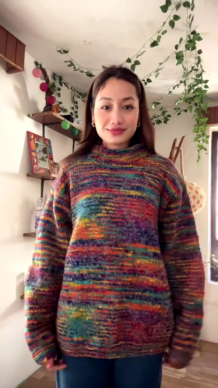 Handmade Multicolor Textured Knit Sweater ππ§Ά β Cozy Rainbow Layer Styled in Decor-Rich Setting