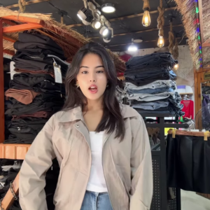 Women's Zip-Up Casual Jackets 🧥🛍 – Black, Beige & Light Beige Variants Styled in Store Setting