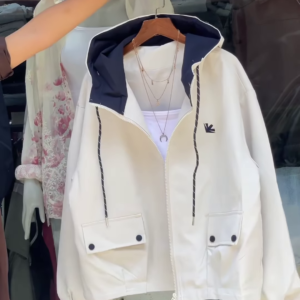 Contrast-Hood Zip-Up Jackets 🧥🎨 – Navy, Red & White Variants with Layered Styling