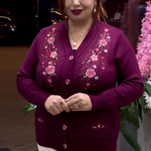 Floral Embroidered Knit Cardigans 🌸🧥 – Beige, Maroon & Purple Variants with Button-Up Front & Pocket Detailing