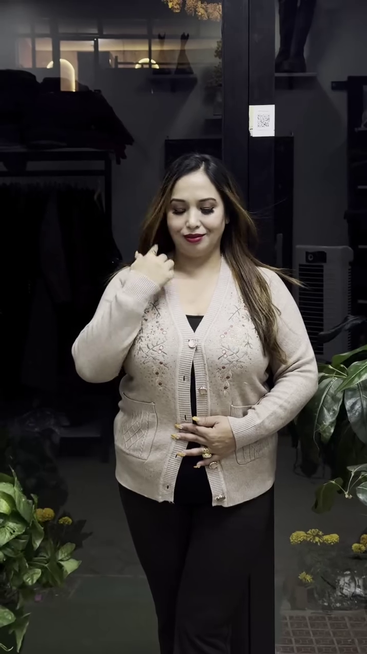 Floral V-Neck Knit Cardigans πΈπ§₯ β Purple, Black & Beige Variants with Button Closure & Boutique Styling - Image 4