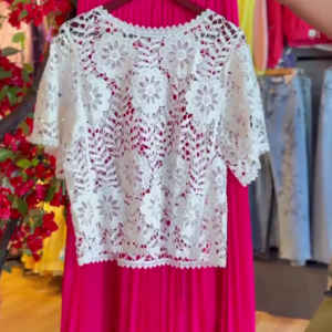 Lace Bloom Top & Fuchsia Pleat Skirt