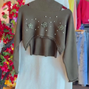 Olive Pearl Sweater & Chevron White Dress