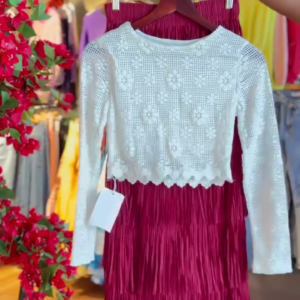 Crochet Petal Top & Maroon Fringe Skirt