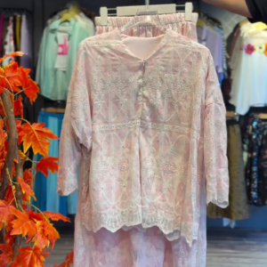 Rose Dust Embroidered Co-ord with Scalloped Lace Trim