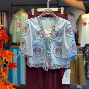 Embroidered Sky Top with Tie Details & Maroon Shorts