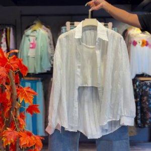 Sheer White Shirt with Crop Layer & Denim Bermudas