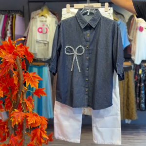 Denim Bow Shirt with White Pants
