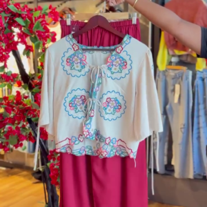 Embroidered Scallop Top in White & Maroon Pants