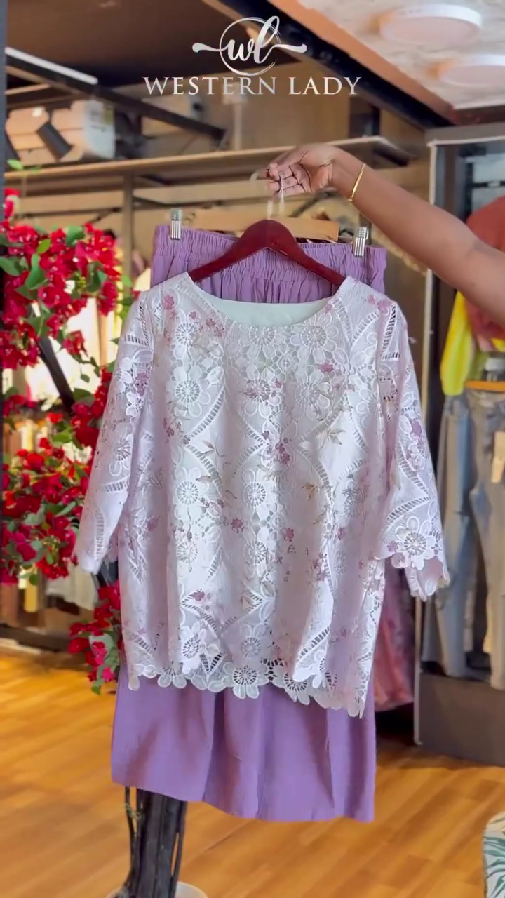 Lace Bloom Top in White & Lavender Skirt