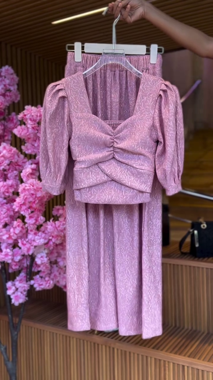 Ruched Petal Top & Shimmer Skirt in Blush Pink