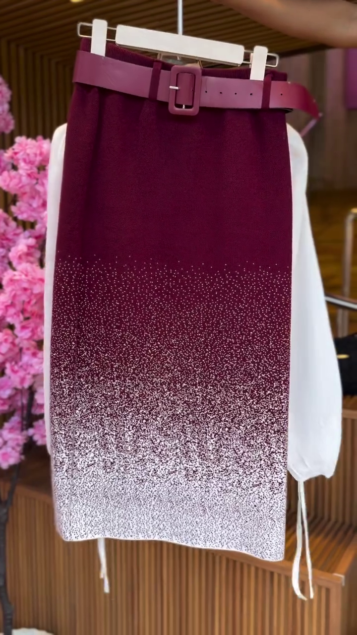 Ruched Sheer Blouse in Ivory & Gradient Speckle Skirt - Image 2