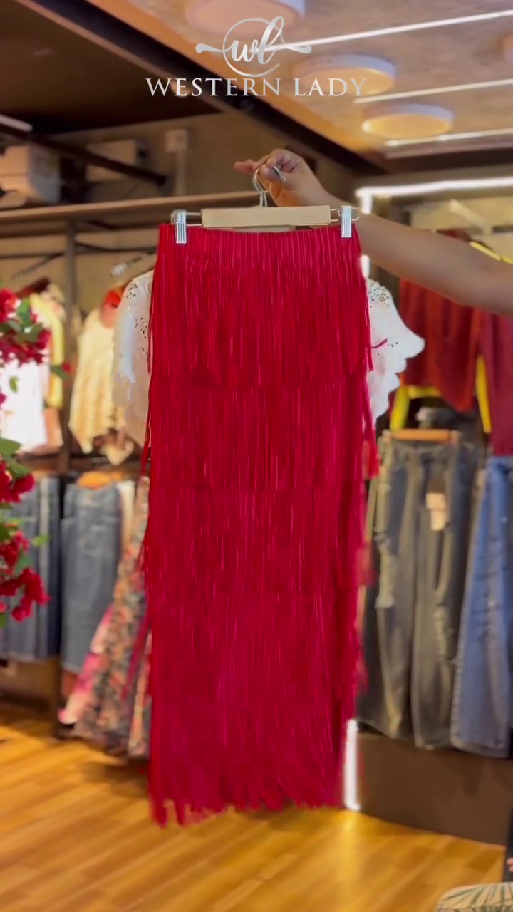 Crochet Bloom Top in White & Fringe Skirt in Crimson - Image 2