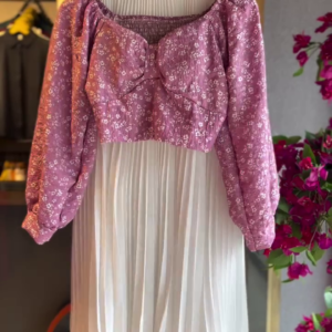 Pink Floral Crop Blouse with White Pleated Skirt – Elegant Indo-Western Co-Ord Set