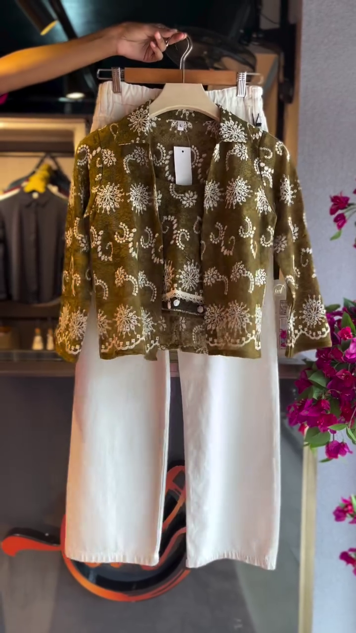 Embroidered Paisley Top in Olive & Wide-Leg Pants in White
