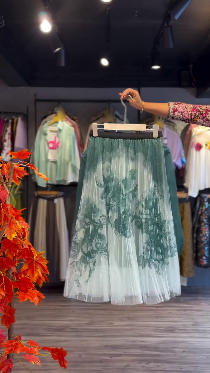 Pleated Bodice Blouse in Olive & Embroidered Tulle Hem - Image 2