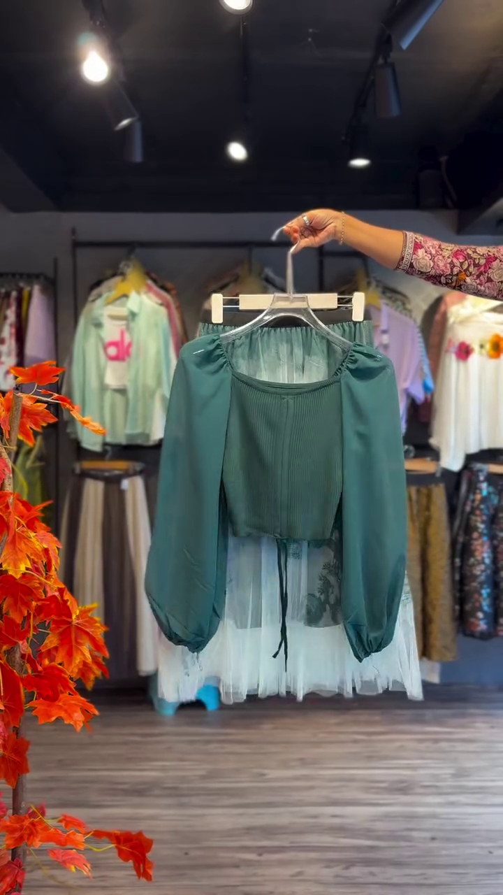 Pleated Bodice Blouse in Olive & Embroidered Tulle Hem