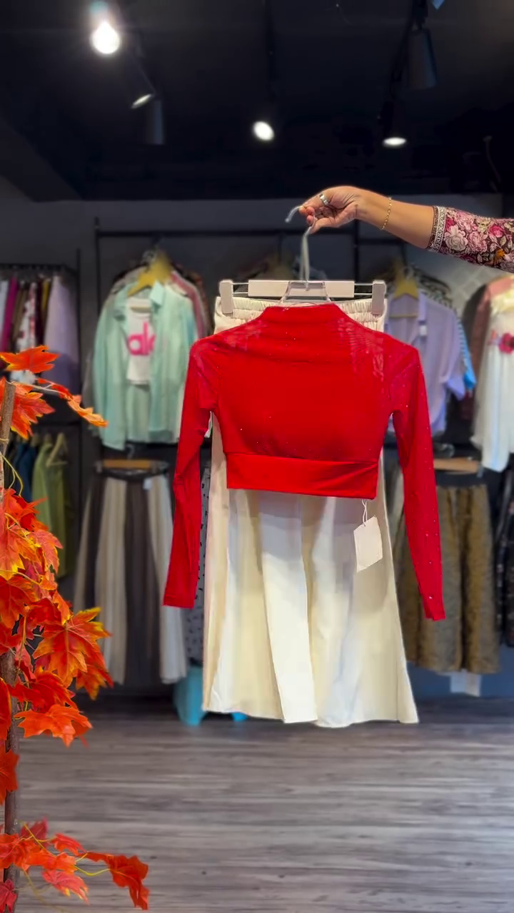 Ruched Glitter Top in Crimson & Pleated Skirt in Cream