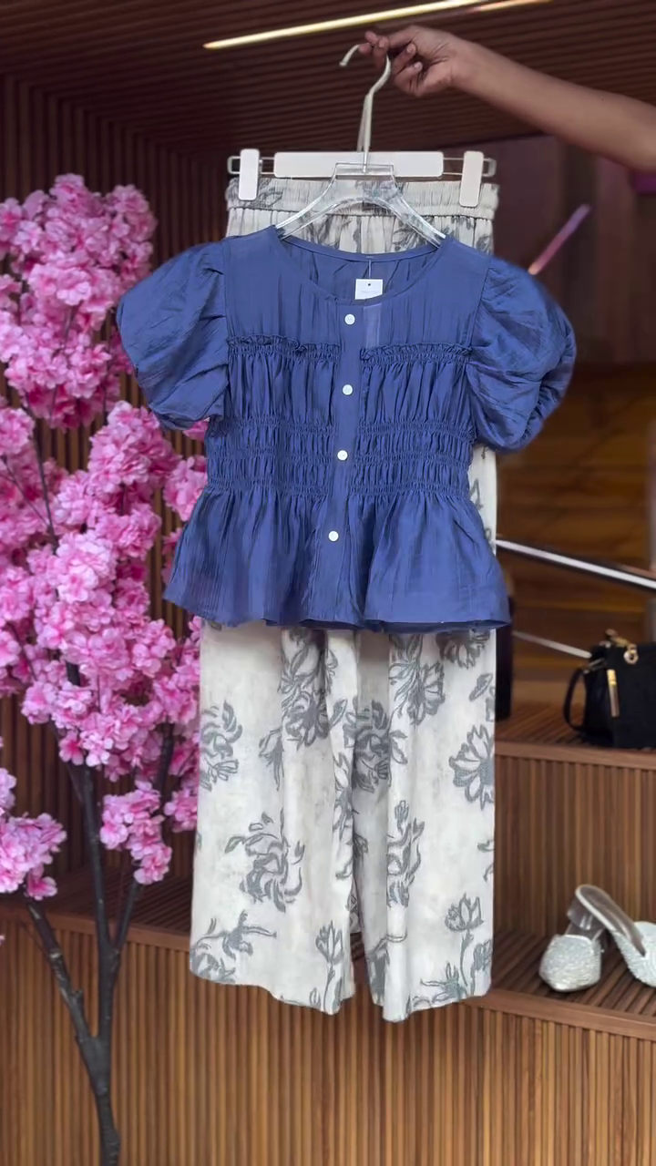 Gathered Button Blouse in Sky & Wide-Leg Floral Pants in Mist