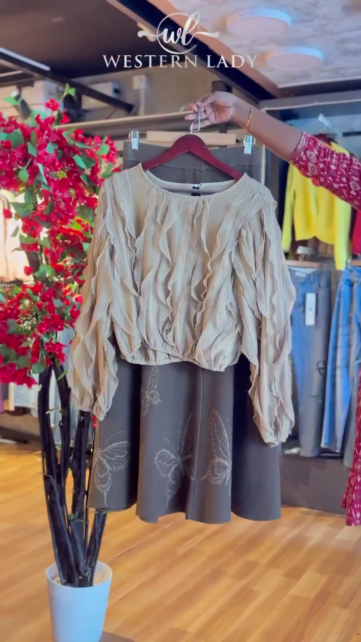 Ruffled Blouse in Beige & Butterfly Skirt in Coco