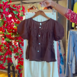 Ruched Puff-Sleeve Blouse in Cocoa & Cream Skirt