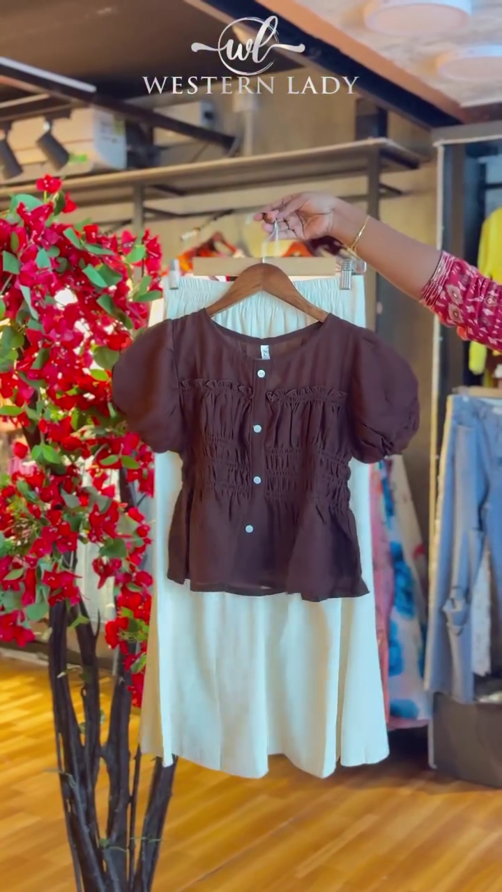 Ruched Puff-Sleeve Blouse in Cocoa & Cream Skirt
