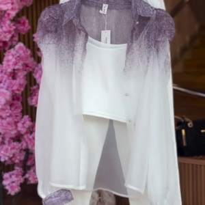 Gradient Sheer Shirt in Plum Mist & Cuffed Pants in White Lavender