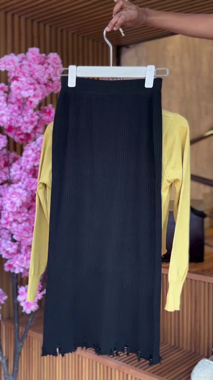 Mustard Checkered Twinset & Frayed Hem Skirt in Black - Image 2