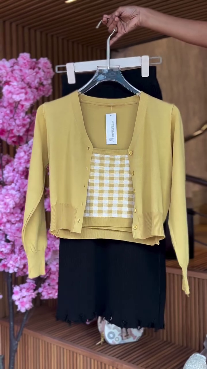 Mustard Checkered Twinset & Frayed Hem Skirt in Black