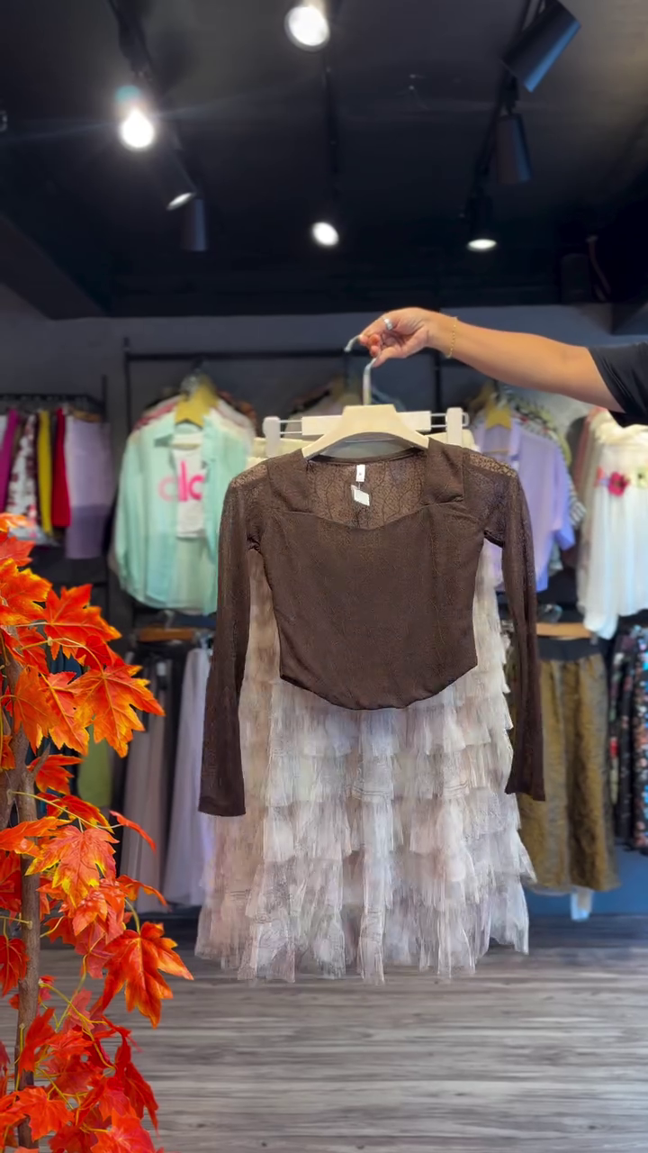 Lace Bodice Dress in Cocoa & Ruffled Skirt in Cream