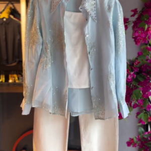 Embroidered Sheer Shirt in Sky & White Shorts