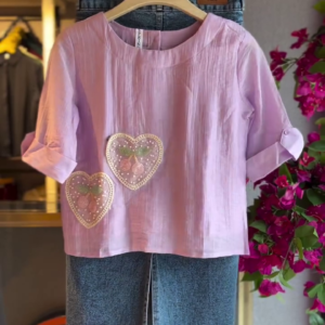 Embroidered Blouse in Lavender & Denim Skirt in Medium Wash