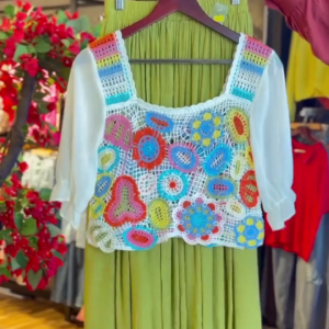 Crochet Vest in Multicolor & Pleated Skirt in Mint