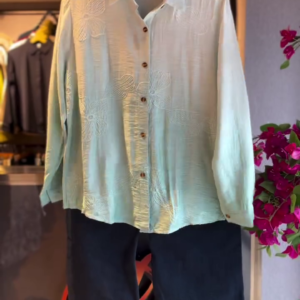 Embroidered Shirt in Sage & Denim Shorts in Black