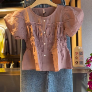 Ruched Blouse in Mauve & Denim Skirt in Medium Wash