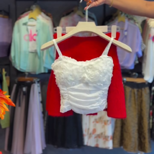 Ruched Crop Top in White & Red Garment