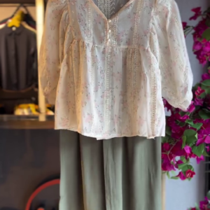 Lace Blouse in Floral Cream & Wide-Leg Pants in Olive