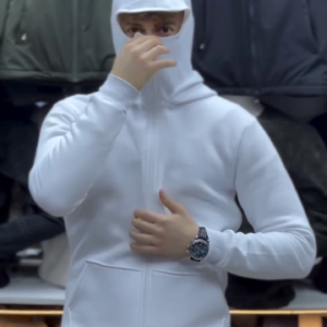 WHITE FULL-ZIP HOODIE WITH FACE COVER DESIGN