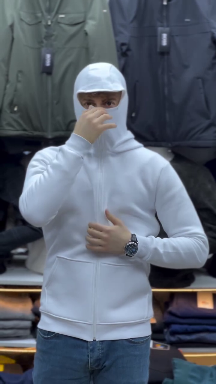 WHITE FULL-ZIP HOODIE WITH FACE COVER DESIGN