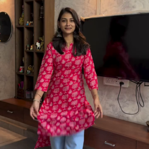 Elegant Pink Printed A-Line Kurti with Light Blue Pants – Everyday Comfort & Style