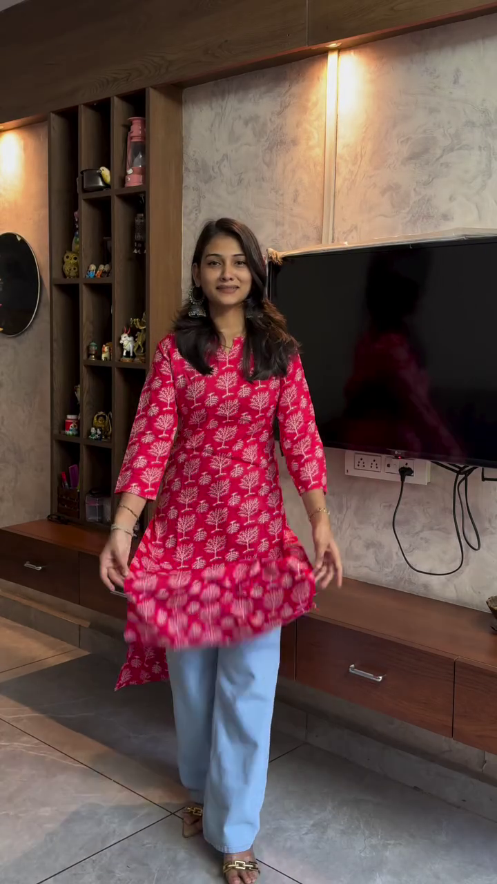 Elegant Pink Printed A-Line Kurti with Light Blue Pants – Everyday Comfort & Style