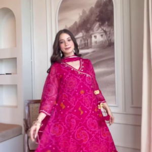 Luxury Bandhej-Style Pink Anarkali Kurti with Dupatta – Festive Ethnic Flair