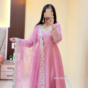 Elegant Baby Pink Heavy Embellished Anarkali Set with Mirror-Work Dupatta